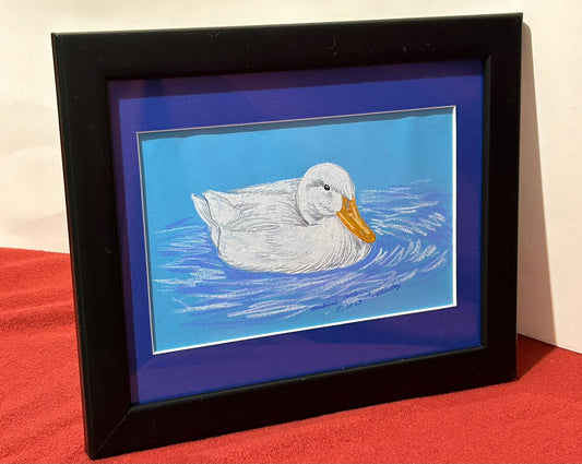 White Duck on Blue, ORIGINAL, Framed